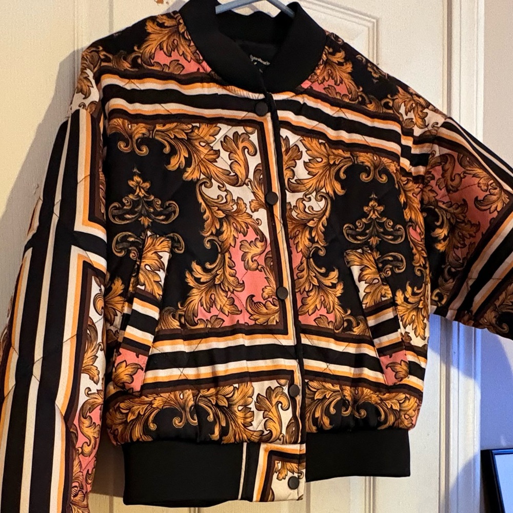 Versace Style Bomber -stradivarius brand 
Black, Pink & Gold Baroque Jacket
